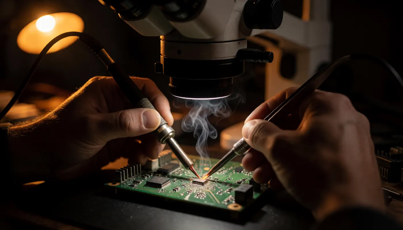 Lötarbeit unter dem Stereomikroskop an einer Elektronikplatine