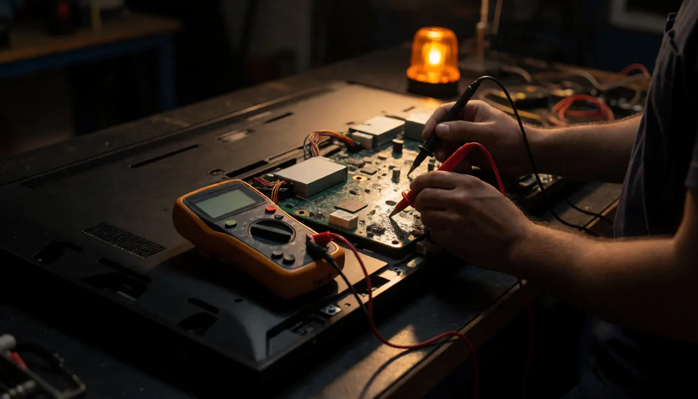 Techniker misst mit dem Multimeter an der Hauptplatine eines geöffneten Fernsehers